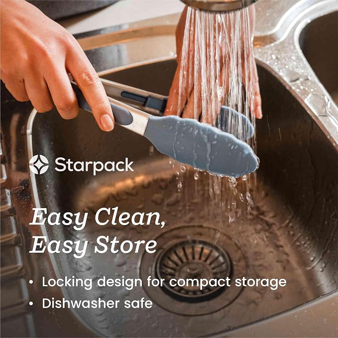 Starpack Get a Grip Silicone Kitchen Tongs (2-Pack, 9" + 12") - LFGB Non Toxic, 600°F Heat Resistant, BPA-Free - Heavy-Duty Stainless Steel, Locking - Dishwasher Safe for Nonstick Cookware Light Blue