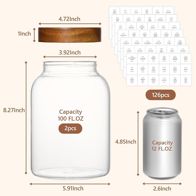 KEYWING 100oz Glass Food Storage Jars with Acacia Lids Flour Container 2Pcs | Airtight Wide Mouth Pantry Storage Containers Canister Set for Sugar, Rice, Eggs, Cereal, Cookies, 100fl.oz with 126 Labels