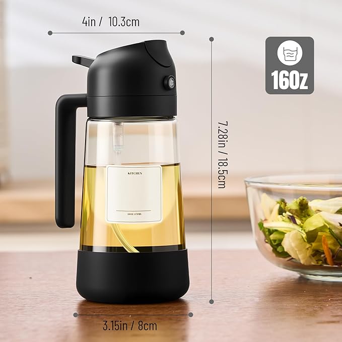 PARACITY Oil Sprayer for Cooking 2 Pack, Glass Dispenser, Black, 16 oz | Silicone-base oil dispenser bottle offers even mist or controlled pour; wide mouth for frying, baking and salad dressing.