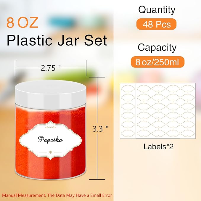 PeacePeo 8 OZ Plastic Jars, 48 Pack Clear Slime Containers with Lids | Stackable Leakproof Storage Jars, White Lids, Round Empty, Wide Mouth, for Pantry, Cabinet and Countertop Organization