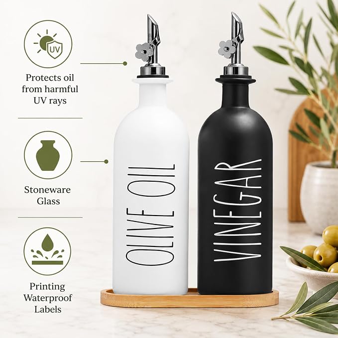 HOMCDALY 16oz Olive Oil Dispenser Bottles for Kitchen, Glass Oil Dispenser for Kitchen with Bamboo Tray, Oil&Vinegar Dispenser Set | Set of 2 (16oz-P-Black&White)