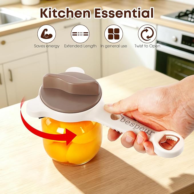 4-in 1 Adjustable Jar Opener for Seniors, Arthritis & Weak Hands, Stainless Steel Lid Opener for Jars, Bottles & Corkscrews, Easy Grip Kitchen Tool for Pickle Mason Jars