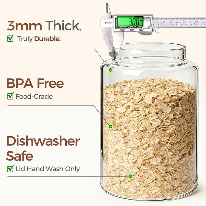 ComSaf Flour Storage Containers with Acacia Wood Lids 1Gallon 2Pack | 4.2Qt Large Glass Jar, for Cooks, Flour Cereal Rice Oats, Kitchen Pantry, 4.4in Wide Mouth, Canister with Scoops & Labels