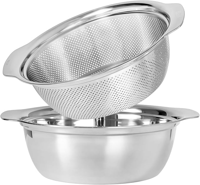 Paoli 304 Stainless Steel Fine Mesh Colander Set, 2QT Large Capacity Strainer with Mixing Bowl — Rinse Fruits, Veggies, Rice & Drain Pasta, Dishwasher Safe (2-Piece)