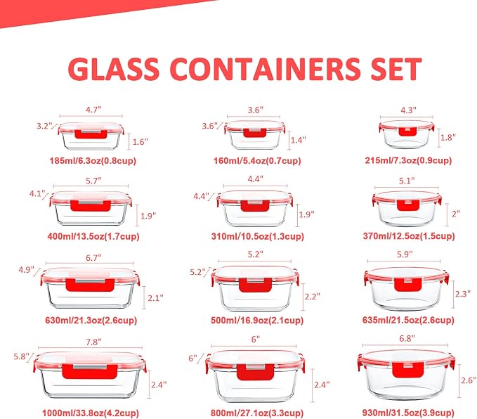 24 Pieces Glass Food Storage Containers Set, Red | Meal Prep Containers, BPA-Free, Airtight Glass Storage Containers with lids, Freezer, Microwave and Oven Safe