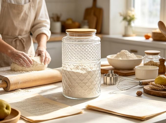 1 Gallon Large Vintage Glass Storage Jar with Airtight Bamboo Lid, Round | Kitchen Pantry Thick Glass Container for Flour Sugar Cookie Coffee Laundry Pods, Wide Mouth Opening and Airtight Bamboo lid