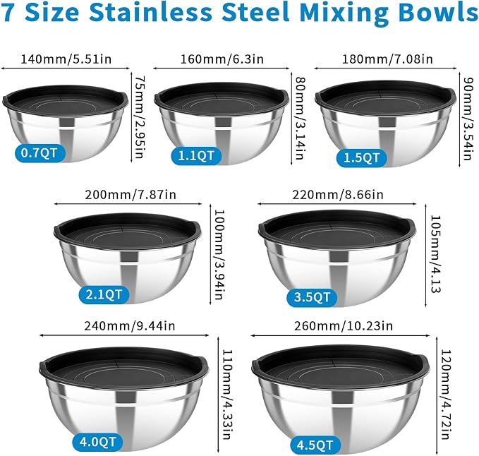 Stainless Steel Mixing Bowls with Lids, 7-Piece Nesting Bowl Set | 0.7,1.1, 1.5, 2.1, 3.5, 4, 4.5 QT stackable stainless steel mixing bowls for baking, food prep, serving and storage