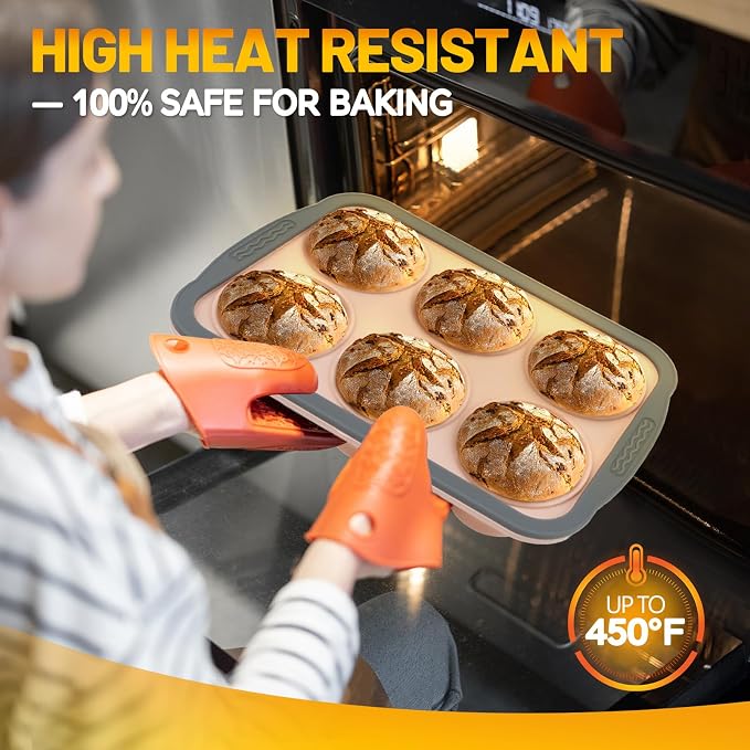 Silicone Muffin Pan, 6 Cups Non-Stick Cupcake Pan, Food-Grade BPA-Free Muffin Tin, Oven-Safe 450 °F, Reinforced Steel Frame, Easy-Grab Handles, Quick-Release 2.7" Baking Molds for Mini Treats