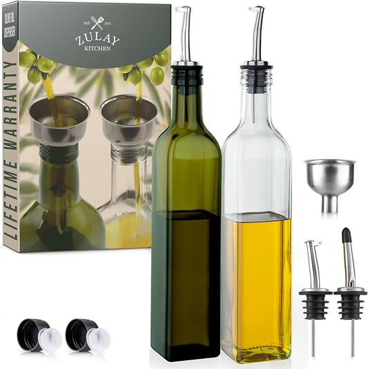 (2 pack 17oz Olive Oil Dispenser Bottle For Kitchen - Glass Olive Oil Bottles With 2 Spouts, 2 Removable Corks, 2 Caps, & 1 Funnel - Oil Bottle For Kitchen & Storing Liquids