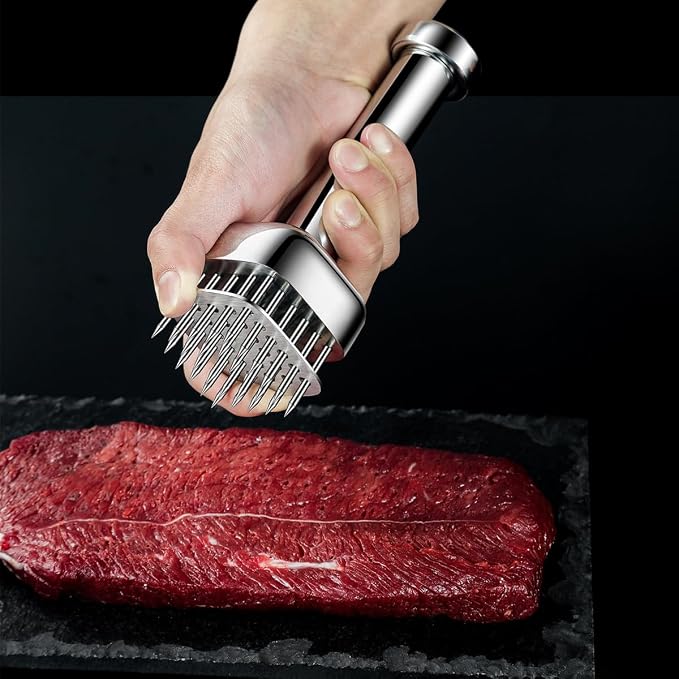 Meat Tenderizer with 28 Sharp Needles, Heavy-Duty Meat Tenderizer Tool with Auto-Rebound Safety Guard, Dishwasher Safe, Includes Cleaning Brush, Silver