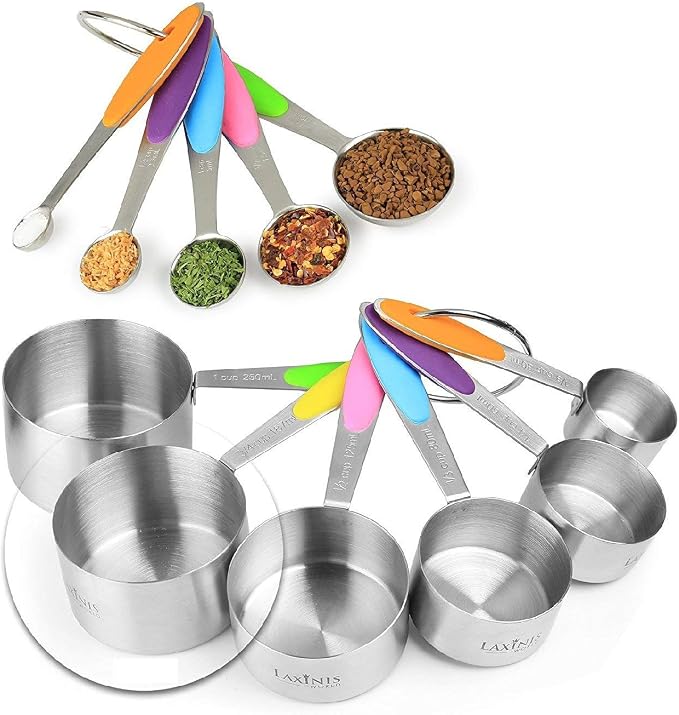 New Version! 11 Piece Measuring Cups And Spoons Set by Laxinis World | Sturdy Stainless Steel Stackable 6 Cups and 5 Spoons with Soft Silicone Handles to Measure Dry and Liquid Ingredients