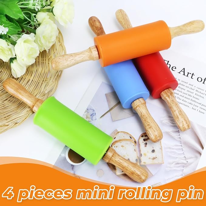 Mini Rolling Pin for Kids, 9 Inch Wooden Handle Rolling Pin Non-Stick Silicone Rolling Pins for Children Cake Baking