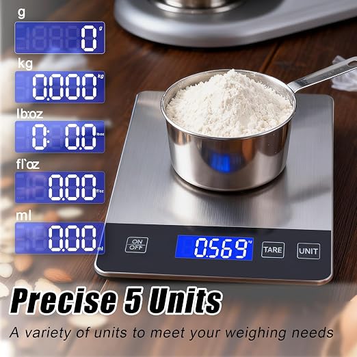 Food Kitchen Scale, 33lb Food Scale Precisely Measures Grams and Ounces for Baking and Cooking, 304 Stainless Steel Kitchen Scale for Food with LCD Display, Batteries Included