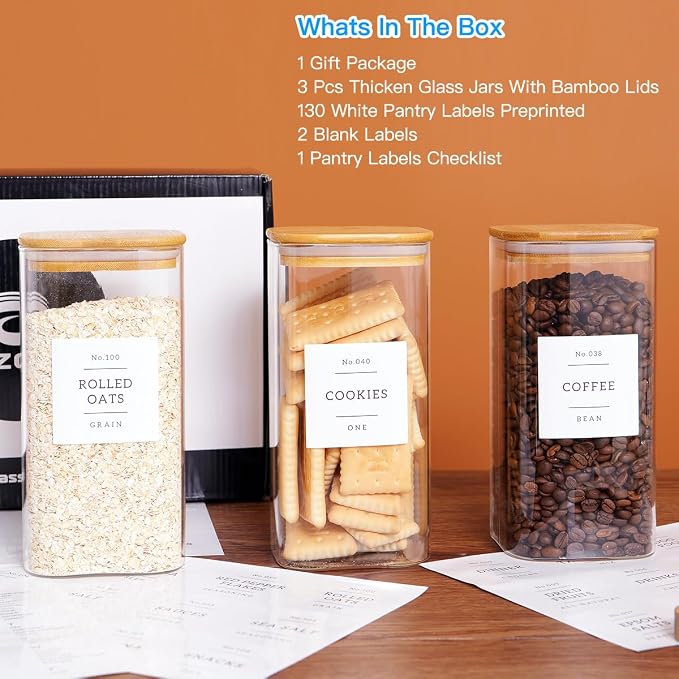 CZZGSM 3 Pack Square Glass Kitchen Storage Jars with Airtight Bamboo Lids and 132 Pantry Labels - 54oz Glass Canisters with Wood Lids - Food Storage for Sugar, Rice, Pasta, Cereal