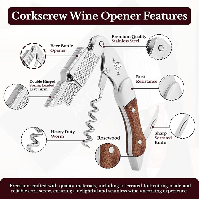 Waiters Corkscrew Wine Opener - Double-Hinged Fulcrum 3-In-1 Cork Screw Wine Bottle Opener Heavy Duty Stainless Steel & Classic Rosewood. Serrated Foil Cutter. Beer Opener. Magnetic Gift Box