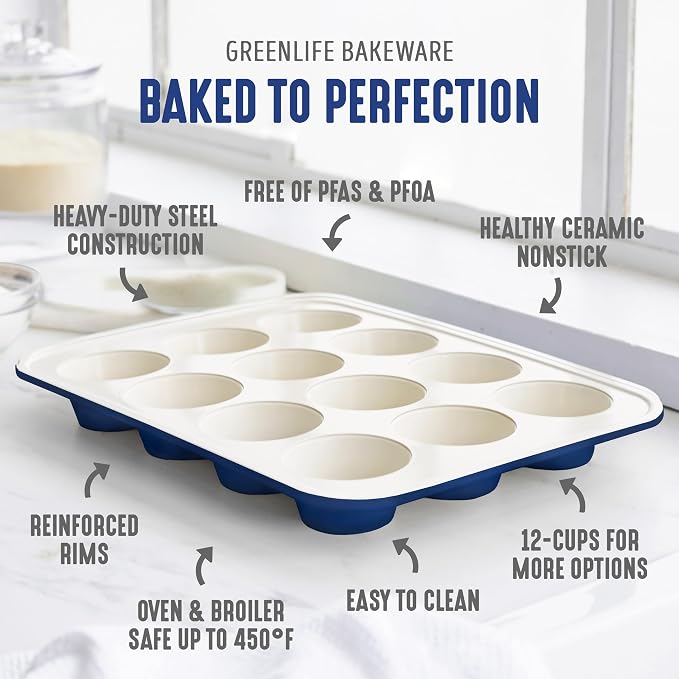 GreenLife 12 Cup Ceramic Nonstick Muffin Pan, Navy | 11.4" x 1.9" x 15.9", PFAS-Free Nonstick, Cupcake Tin, Easy Release, Even Heating, Wipe Clean, Heavy Duty, Warp Resistant
