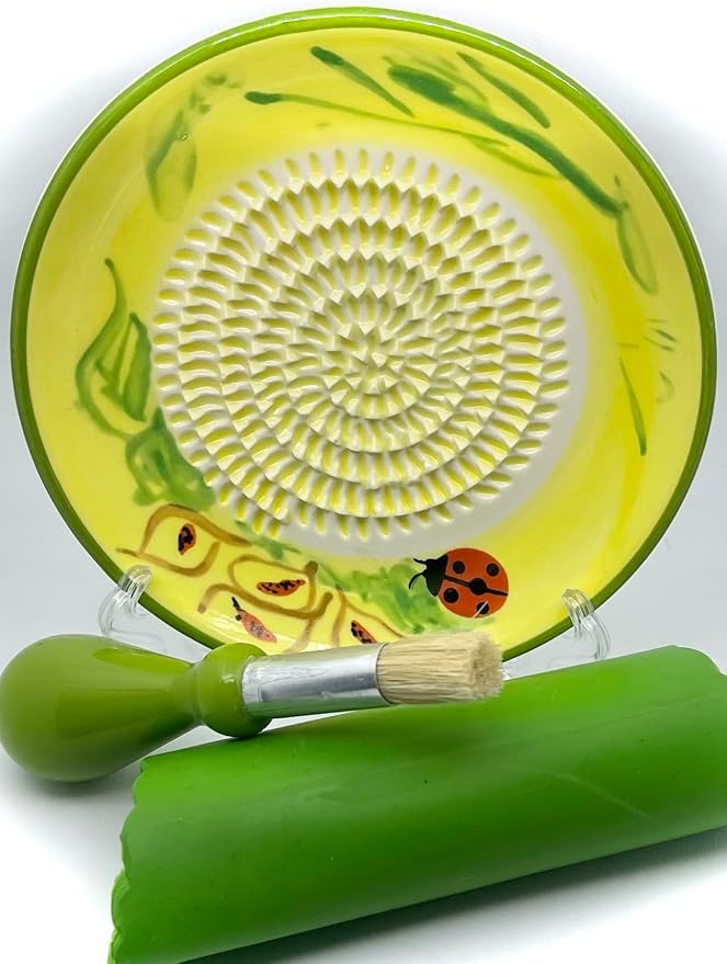 BonCera, All-in-one Premium Ceramic Garlic Grater Plate 4-Piece Set - Ladybug Design, Classic Style - For Garlic, Ginger, Chocolate, and more! - Comes with 5.25" Plate, Peeler, Brush, and Stand
