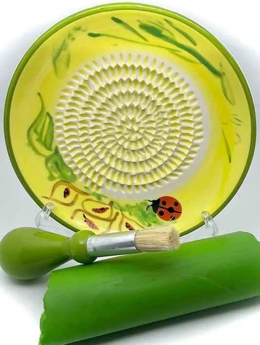 BonCera, All-in-one Premium Ceramic Garlic Grater Plate 4-Piece Set - Ladybug Design, Classic Style - For Garlic, Ginger, Chocolate, and more! - Comes with 5.25" Plate, Peeler, Brush, and Stand