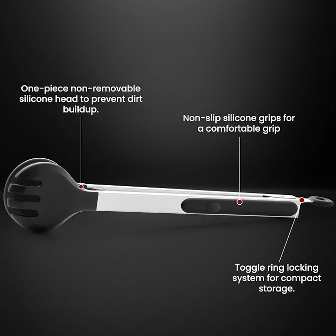 12 Inch Kitchen Tongs for Cooking, 600ºF Heat Resistant 2-in-1 Cooking Tongs with Silicone Tip & Measure Spoon Pasta Tongs Spaghetti Tongs for Tossing Salad, Serving Food, Non-Stick (12"-Round Head)