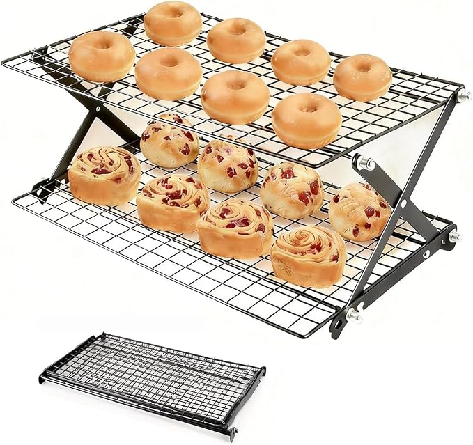 Collapsible Cooling Rack, Adjustable Stainless Steel Drying Rack (FOLD-2-TIER) | X-Shaped Structure Wire Cooling Rack for Baking, Cookies, Cake, Fruit, Bread,Roasting, Grilling, Drying Rack, Dishwasher Safe