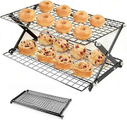 Collapsible Cooling Rack, Adjustable Stainless Steel Drying Rack (FOLD-2-TIER) | X-Shaped Structure Wire Cooling Rack for Baking, Cookies, Cake, Fruit, Bread,Roasting, Grilling, Drying Rack, Dishwasher Safe