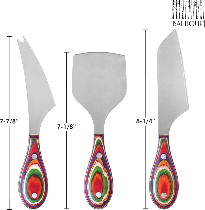 Totally Bamboo Baltique Marrakesh Collection 3-Piece Cheese Knife Set, Stainless Steel Cheese Knives with Colorful Wooden Handles for Charcuterie Boards