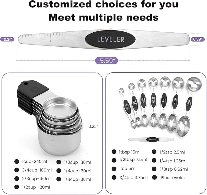 Magnetic Measuring Cups and Spoons Set, N52 Magnetic spoons Nesting Design, 304 Stainless Steel measuring cups, BPA Free, Dual-sided Design Set of 15 with Leveler for Dry & Liquid Ingredients Black