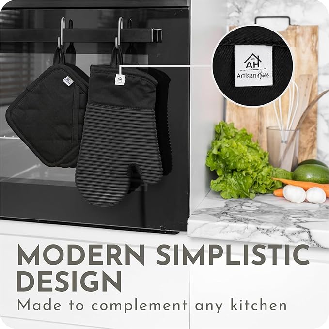 Silicone Oven Mitts and Pot Holders Set, 4-Piece | Extra Long Heat Resistant 500°F, Non-Slip Waterproof Oven Gloves with Quilted Cotton Lining | BPA-Free Hot Pads for Baking, Grilling & Cooking