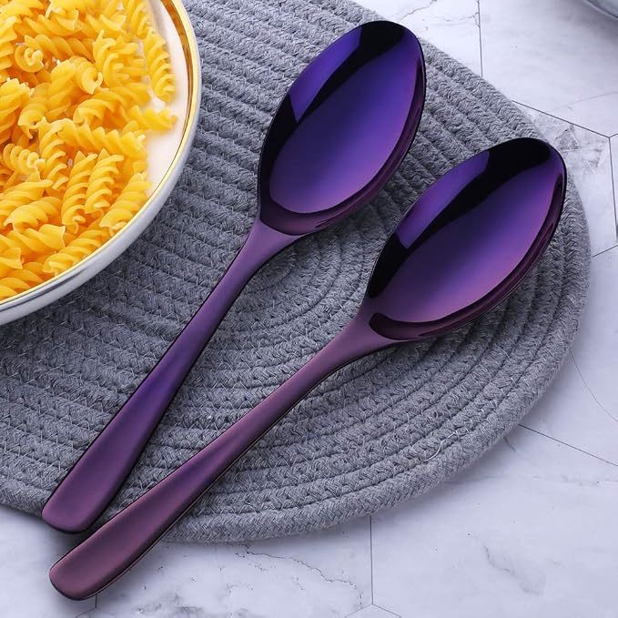 Buffet Serving Spoons, Stainless Steel 10 Inch Purple Plated Server Set of 2, Large Salad Serverware Utensils, Dishwasher Safe