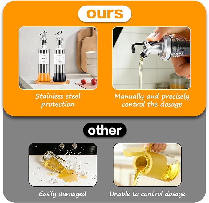 Olive Oil Dispenser Bottles for Kitchen with Bamboo Tray, Oil and Vinegar Dispenser Set, Stainless Steel Glass Dispensers, 300ml - Set of 2