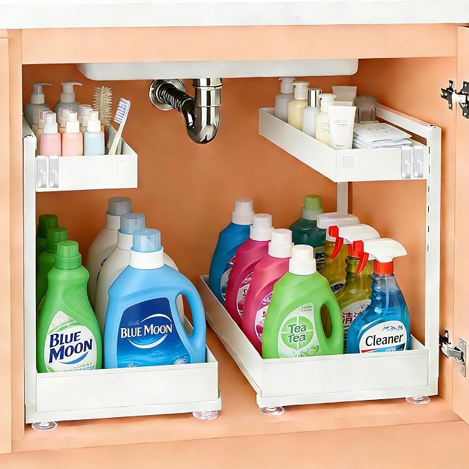 Under Sink Organizer, Bathroom Counter Organizer, 2 Pack 2 Tier L-Shape White, Adjustable Height Carbon Steel, Under Cabinet Storage with Pull Out Drawer, Use for Kitchen Bathroom Office Shop Laundry