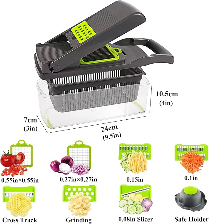 Vegetable Chopper with Container & Lid - 12-in-1 Adjustable Mandoline Slicer & Dicer for Kitchen | Effortless Food Prep for Potato, Carrot, Onion, Fruits & More | Easy to Clean & Store (Grey)