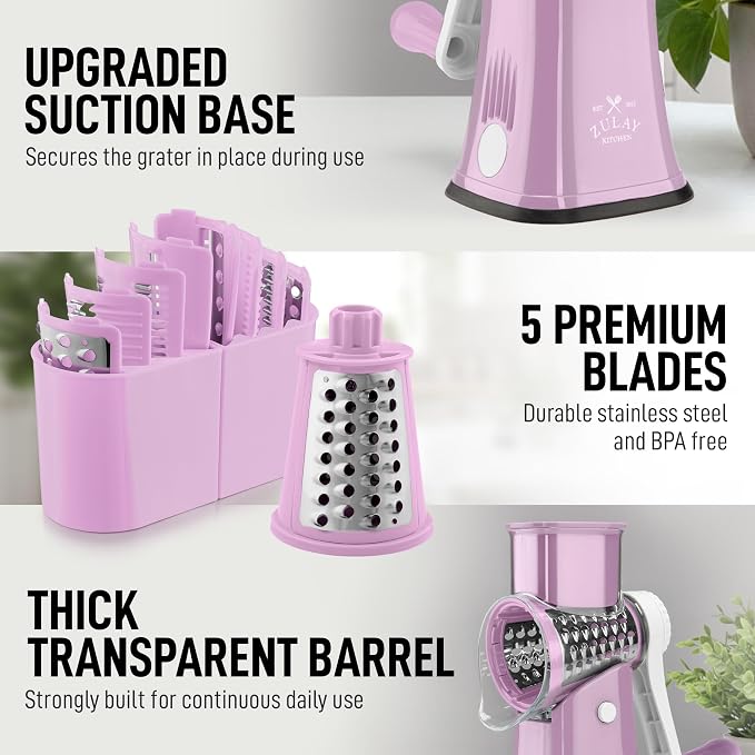 Zulay Kitchen Rotary Cheese Grater 5 Blade Cheese Shredder - Manual Hand Crank Cheese Grater With Reinforced Suction & 5 Interchangeable Drums - Easy to Use, Vegetable Chopper Round Mandoline Slicer