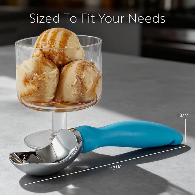 Restaurantware Comfy Grip 7.9 x 2 Inch Kitchen Ice Cream Scoop 1 Heavy-Duty Ice Cream Disher - Ergonomic PP Handle Dishwashable Blue Metal Ice Cream Spade With Lid Opener Notch Multi-Use