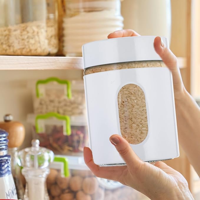 6 Pack Kitchen Canisters Set Airtight Coffee Sugar Tea Storage Jars with Window Glass Stainless Steel Containers with Lids for Flour Cookies Spices Grains Kitchen Decorations(White,20 oz)