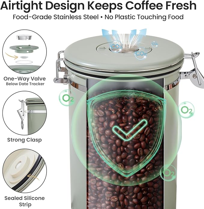 Veken Coffee Canister,39OZ, 2.2lbs,Large Airtight Stainless Steel Container | Kitchen Food Storage Jars for Beans,Ground, Espresso, Rice,Tea, Sugar, Cereal, Cookie, Gifts, Lids, Scoop, Green