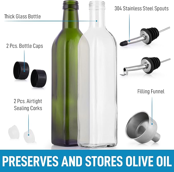 Zulay Kitchen (2 pack 17oz Olive Oil Dispenser Bottle For Kitchen - Glass Olive Oil Bottles With 2 Spouts, 2 Removable Corks, 2 Caps, & 1 Funnel - Oil Bottle For Kitchen & Storing Liquids