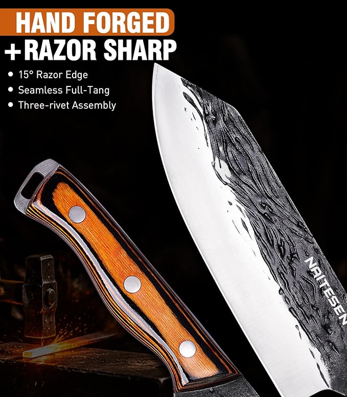 Naitesen 4PCS Hand Forged Butcher Knife and Kitchen Knife 2 in 1 Set | Gift Box Razor Sharp Heavy Duty Meat Cleaver Serbian Chef Knife Breaking Knife Boning Knife for Meat Cutting BBQ Kitchen Use