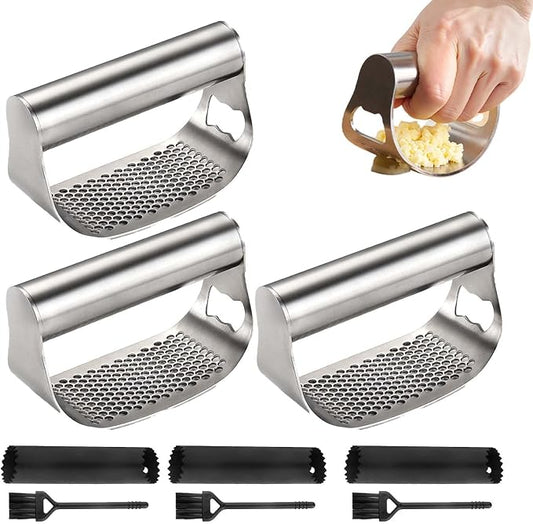 Stainless Steel Garlic Press Rocker, 2026 New Heavy Duty Ergonomic Garlic Crusher Tool with Peeler and Brush for Smash Garlic Built-in Bottle Opener - Easy Kitchen Gadget for Home Cooks (3PCS-B)