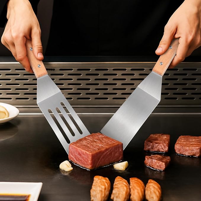 4Pcs Stainless Steel Metal Spatula Set, Flat Spatula Pancake Flipper Burger Fish Turner Griddle Scraper Long Wide Spatula for Cast Iron Griddle BBQ Grill Spatulas Flat Top Accessories