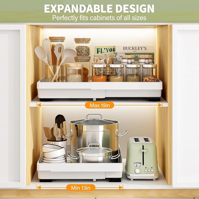 DOMNIU Pull Out Cabinet Organizers Expandable,White,20.8"Depth,2 Pack | Slide Out Drawers for Kitchen, Bathroom, Pantry, Under Sink Storage, Fixed with Adhesive Nano Film (13''-19'')