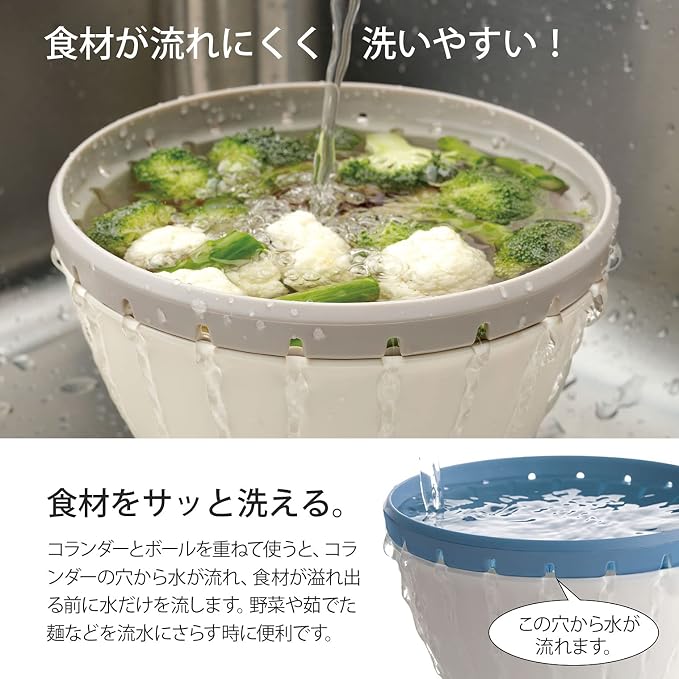Risu Colander Bowl Set, Bowl Colander with Lid, Large, White, 8.7 inches (22 cm), Liberalista, Microwave Safe, Made in Japan