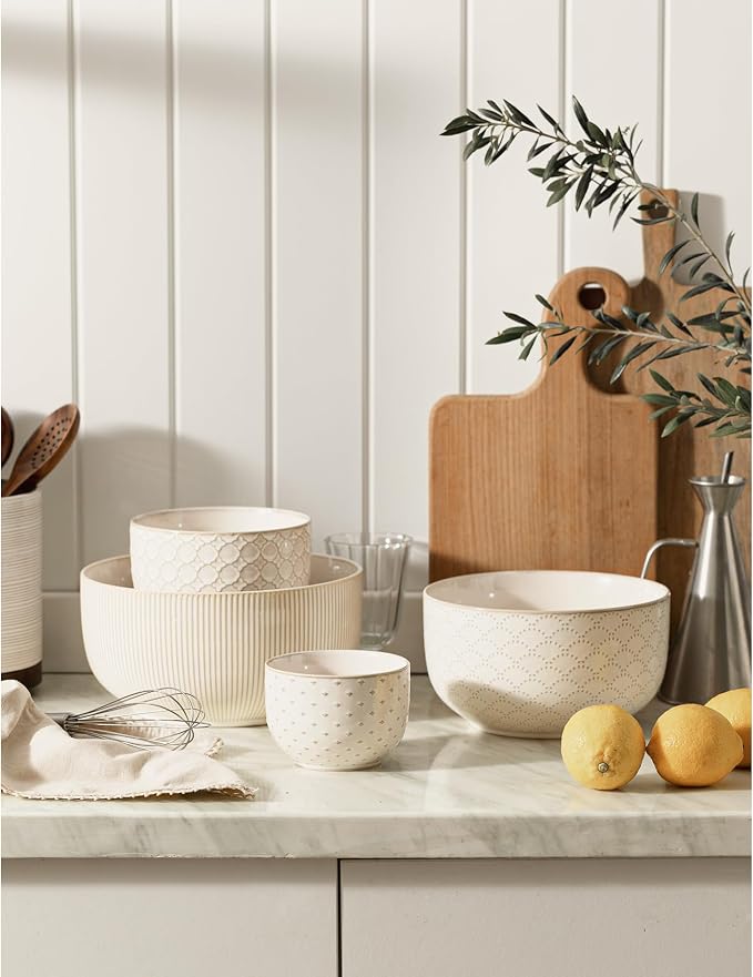 Mikiegy Ceramic Mixing Bowls Set of 4, Nesting Ceramic Embossment Stoneware Mixing Bowls for Cooking, Serving, Popcorn, Salad etc, Microwave & Dishwasher Safe, 20/44/98/145 oz, Off-White