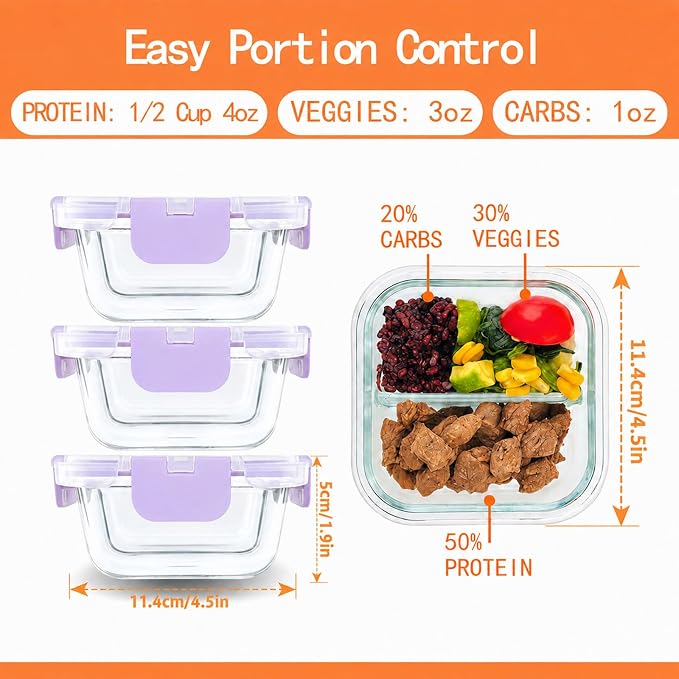 3 Pack Bariatric Meal Prep Containers, 8oz Glass Snack Containers | Glass Bariatric Portion Control Containers with Two 4 oz Compartments, Reusable Lunch Box Bento Box with Lids,Purple
