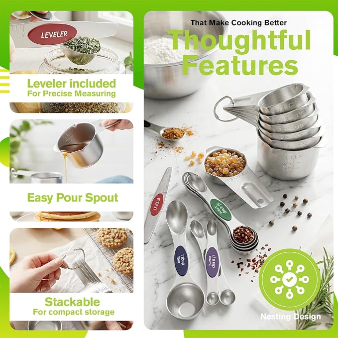 ChefAide Measuring Cups and Spoons Set, 304 Stainless Steel Measuring Cups Set of 7,8 Magnetic Stainless Steel Measuring Spoons & 1 Leveler for for Measure Dry and Liquid Ingredients