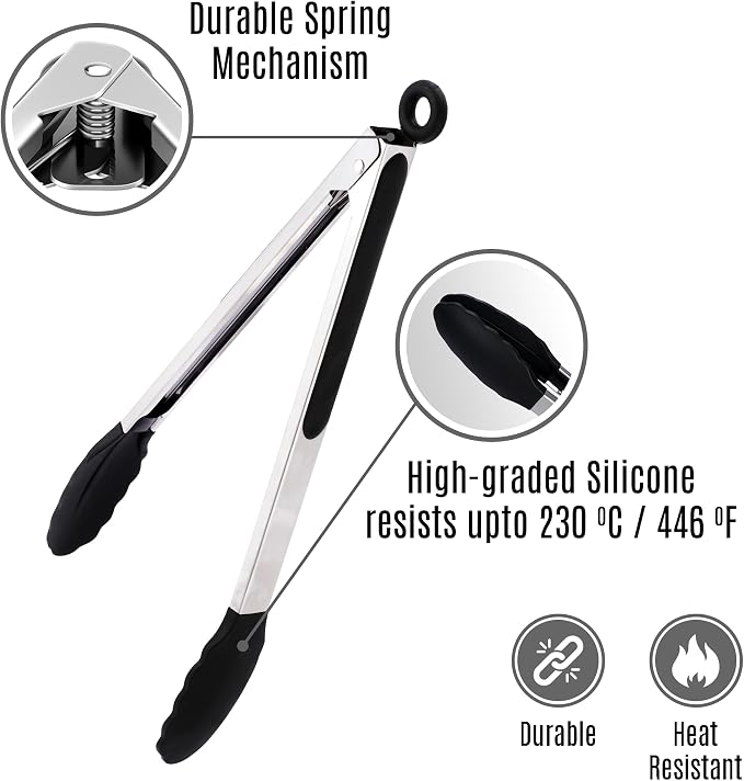 Kitchen Tongs with Silicone Tips, Set of 2 (9" & 12") Stainless Steel Tongs with Non-Slip Grip, Ideal for Cooking, Grilling, Serving, and Barbecue (BBQ), Non-Stick and Dishwasher Safe, Black