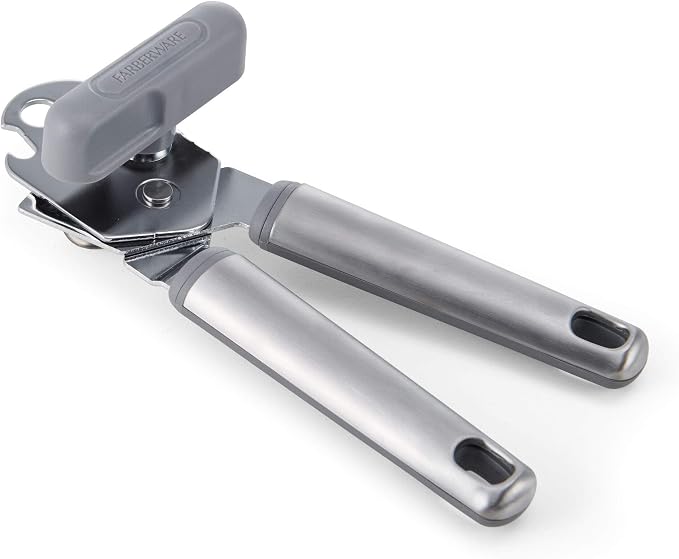 Farberware Pro Stainless Steel Manual Can Opener with Soft Ergonomic Handles and Integrated Bottle Opener, Dishwasher Safe, Contemporary Gray, 7.25 Inches