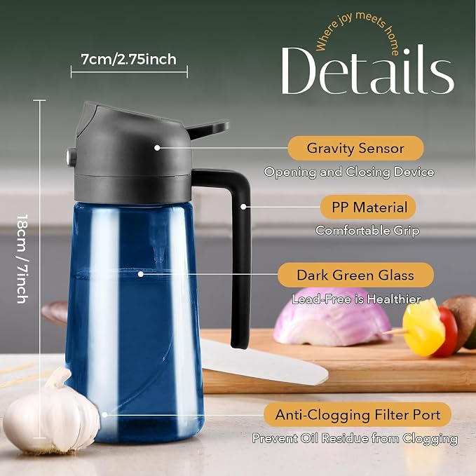 YARRAMATE 16oz/470ml Light-Blocking Dark Oil Sprayer for Cooking (Black) | 2 in 1 Olive Oil Dispenser Bottle for Kitchen, Premium Blue Glass Oil Bottle, Food-Grade Oil Mister for Air Fryer, BBQ