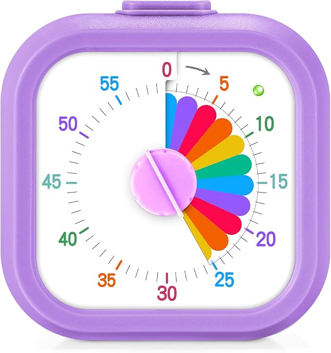 Mwellewm Visual Timer for Kids, 60 Minute Time Digital Pomodoro Timer Countdown with Silent Pause Function for Classroom Kitchen Study Cooking Meetings ADHD Rainbow Pattern(Square Purple)