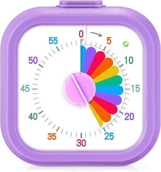 Mwellewm Visual Timer for Kids, 60 Minute Time Digital Pomodoro Timer Countdown with Silent Pause Function for Classroom Kitchen Study Cooking Meetings ADHD Rainbow Pattern(Square Purple)